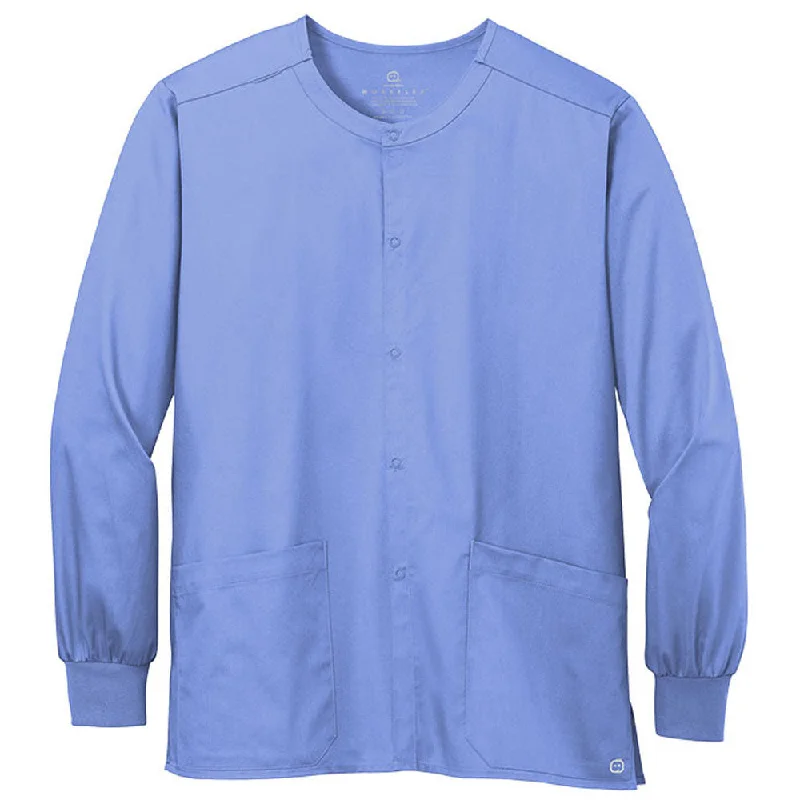 WonderWink Unisex Ceil Blue WorkFlex Snap-Front Scrub Jacket Boat Neck Shawl Collar Notched Collar WonderWink Unisex Ceil Blue WorkFlex Snap-Front Scrub Jacket Boat Neck Shawl Collar Notched Collar