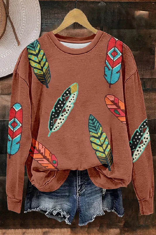 Unique Western Tribal Feather Print Sweatshirt Hoodie with Longline Fit Extended Stylish Unique Western Tribal Feather Print Sweatshirt Hoodie with Longline Fit Extended Stylish