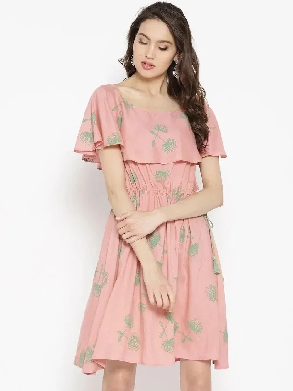 Boat neck Flare yoke with side tie up mini dress in Dusty Pink Fashionable Mini Dress with Slits Boat neck Flare yoke with side tie up mini dress in Dusty Pink Fashionable Mini Dress with Slits