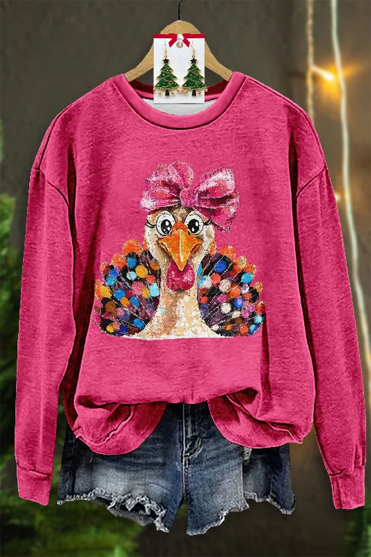 Thanksgiving Coquette Turkey Print Sweatshirt Hoodie with Color Block Contrast Stylish Thanksgiving Coquette Turkey Print Sweatshirt Hoodie with Color Block Contrast Stylish