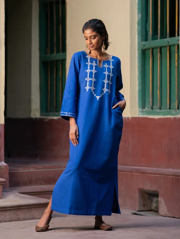 Handwoven Elegance. Kashida Pattu Long Kaftan Dress - Royal Blue Tunics Cozy soft