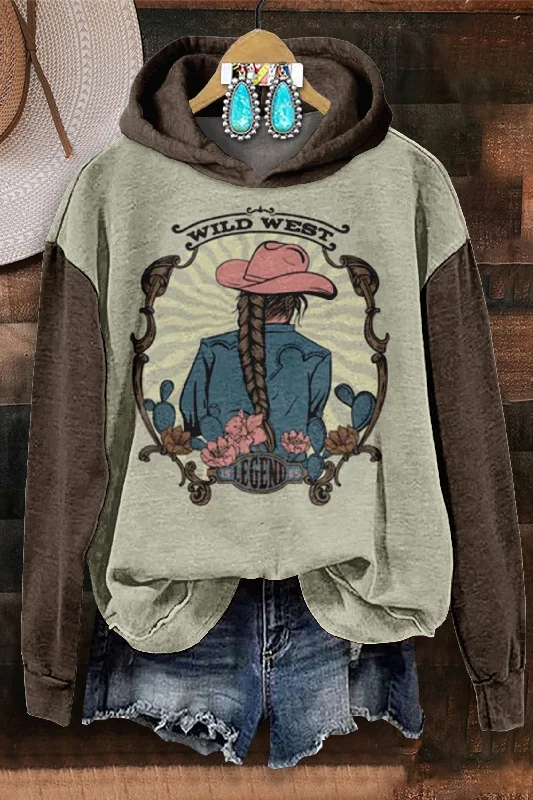 Wild West Cactus Cowgirl Hooded Sweatshirt Hoodie with Contrast Stitching Detailed Premium Wild West Cactus Cowgirl Hooded Sweatshirt Hoodie with Contrast Stitching Detailed Premium