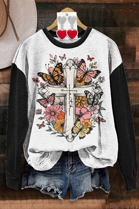 Cross Butterfly Wildflower Hooded Sweatshirt Hoodie with Hem Elastic Stretchable Comfortable Cross Butterfly Wildflower Hooded Sweatshirt Hoodie with Hem Elastic Stretchable Comfortable