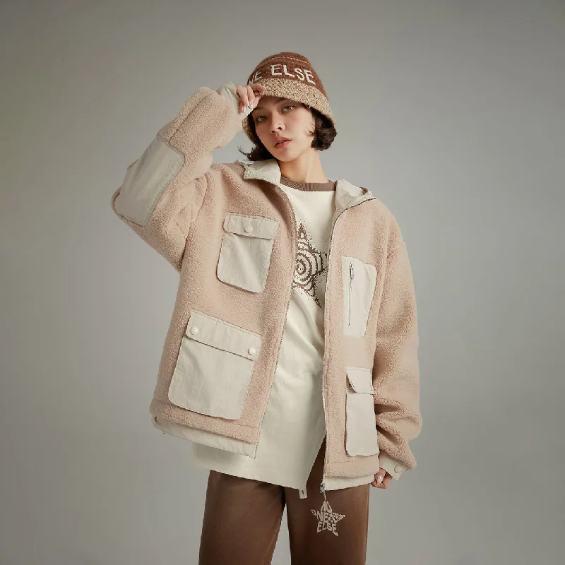 Hooded Fleece Jacket Front Pockets Side Pockets Patch Pockets
