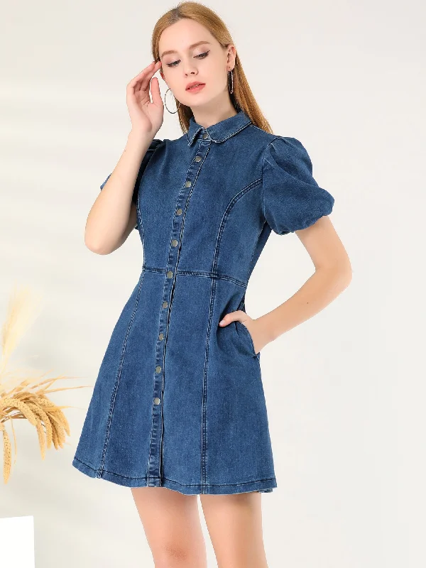 Denim Puff Short Sleeve Collared Button Down Mini Dress Comfortable Casual Mini Dress Denim Puff Short Sleeve Collared Button Down Mini Dress Comfortable Casual Mini Dress