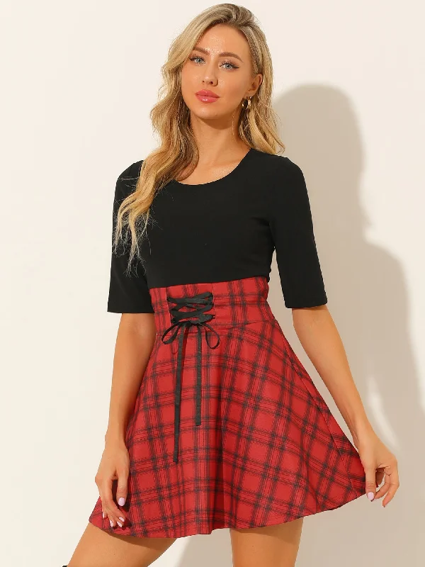 Valentine Plaid Stitching Round Neck Half Sleeve A-Line Mini Dress Stylish Ruffle Mini Dress Valentine Plaid Stitching Round Neck Half Sleeve A-Line Mini Dress Stylish Ruffle Mini Dress