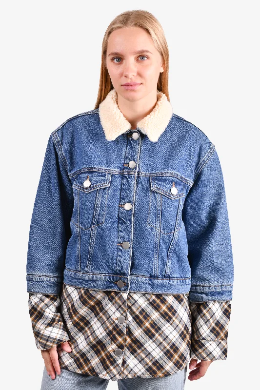 Maje Denim/Plaid Print Jacket with Removable Shearling Collar Size 38 Fleece Jacket Down Jacket Feather Jacket Maje Denim/Plaid Print Jacket with Removable Shearling Collar Size 38 Fleece Jacket Down Jacket Feather Jacket