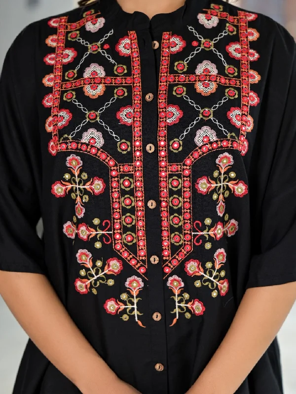 Juniper Women's Black Thread Embroidered Liva Rayon Tunic Pant Set With Mirror Work & Buttons Classic Cropped Pants Juniper Women's Black Thread Embroidered Liva Rayon Tunic Pant Set With Mirror Work & Buttons Classic Cropped Pants