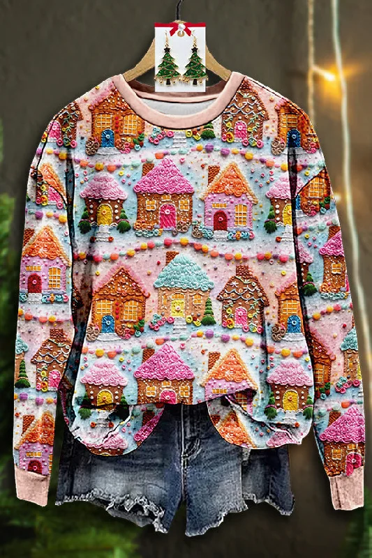 Christmas Gingerbread Houses Painting Print Sweatshirt Hoodie with Side Slits Relaxed Casual Christmas Gingerbread Houses Painting Print Sweatshirt Hoodie with Side Slits Relaxed Casual