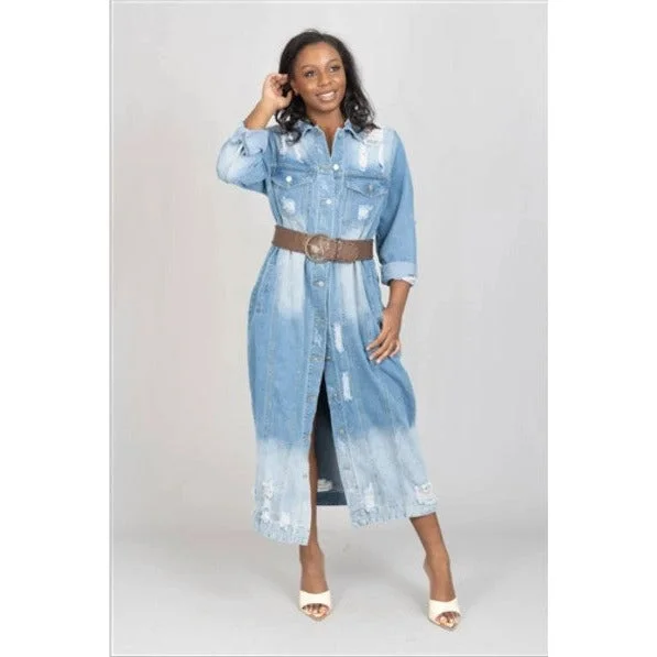 Denim Long Jean Jacket Maxi Top Coat, Blue Denim Herringbone Jacket Houndstooth Jacket Plaid Jacket
