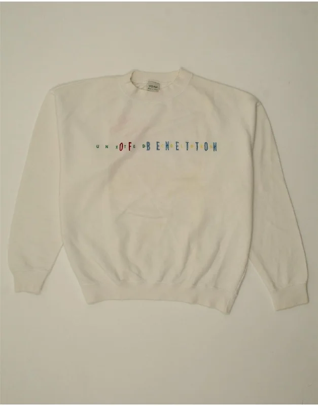 BENETTON Womens Oversized Graphic Sweatshirt Jumper UK 14 Large Off White Hoodie with Hem Ribbing Snug Secure BENETTON Womens Oversized Graphic Sweatshirt Jumper UK 14 Large Off White Hoodie with Hem Ribbing Snug Secure