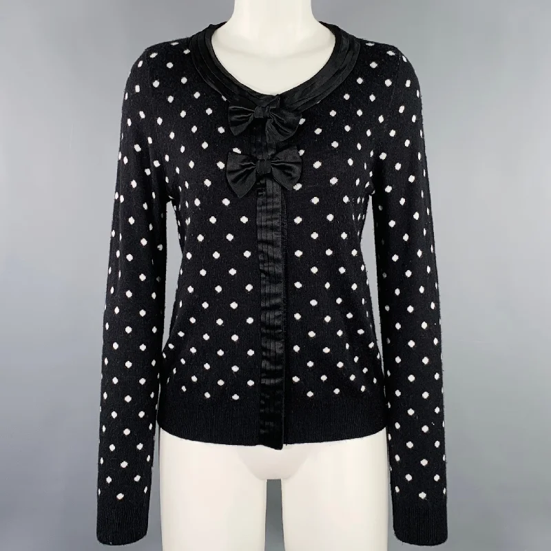 ALICE + OLIVIA Size M Black White Rayon Blend Polka Dot Bow Cardigan Chenille Brocade Lace ALICE + OLIVIA Size M Black White Rayon Blend Polka Dot Bow Cardigan Chenille Brocade Lace