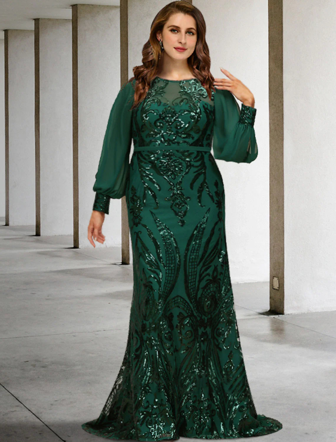 Mermaid / Trumpet Plus Size Curve Mother of the Bride Dresses Elegant Dress Formal Wedding Guest Sweep / Brush Train Long Sleeve Jewel Neck Chiffon with Sequin Mermaid / Trumpet Plus Size Curve Mother of the Bride Dresses Elegant Dress Formal Wedding Guest Sweep / Brush Train Long Sleeve Jewel Neck Chiffon with Sequin