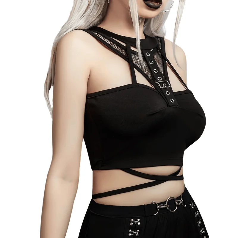 Grunge Female Fishnet Tank Tops with Buckle / Sexy Black Sleeveless Crop Tops for Women comfortable tank top Grunge Female Fishnet Tank Tops with Buckle / Sexy Black Sleeveless Crop Tops for Women comfortable tank top