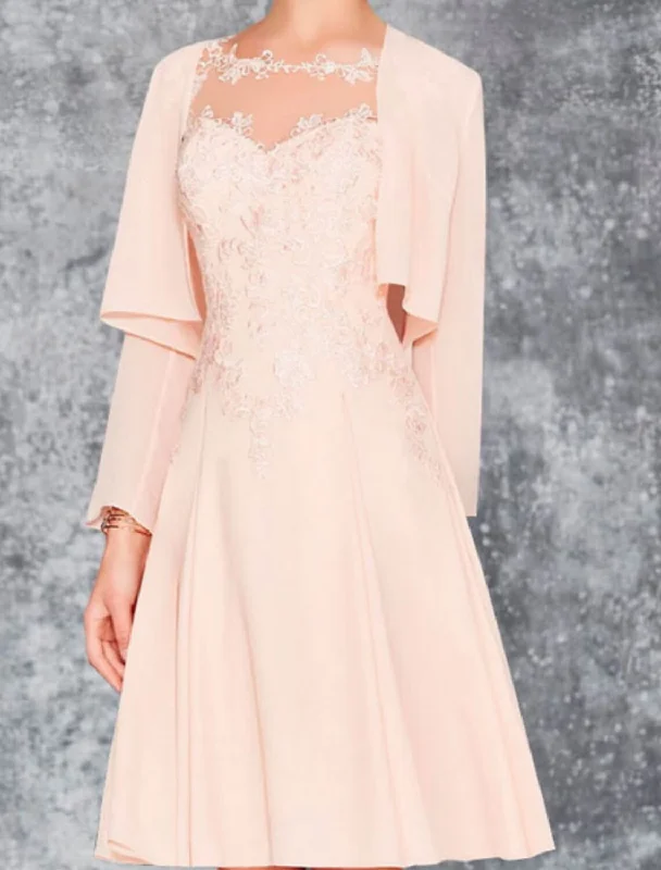 A-Line Mother of the Bride Dress Wedding Guest Jewel Neck Knee Length Chiffon Lace Long Sleeve Wrap Included with Appliques Ruching A-Line Mother of the Bride Dress Wedding Guest Jewel Neck Knee Length Chiffon Lace Long Sleeve Wrap Included with Appliques Ruching