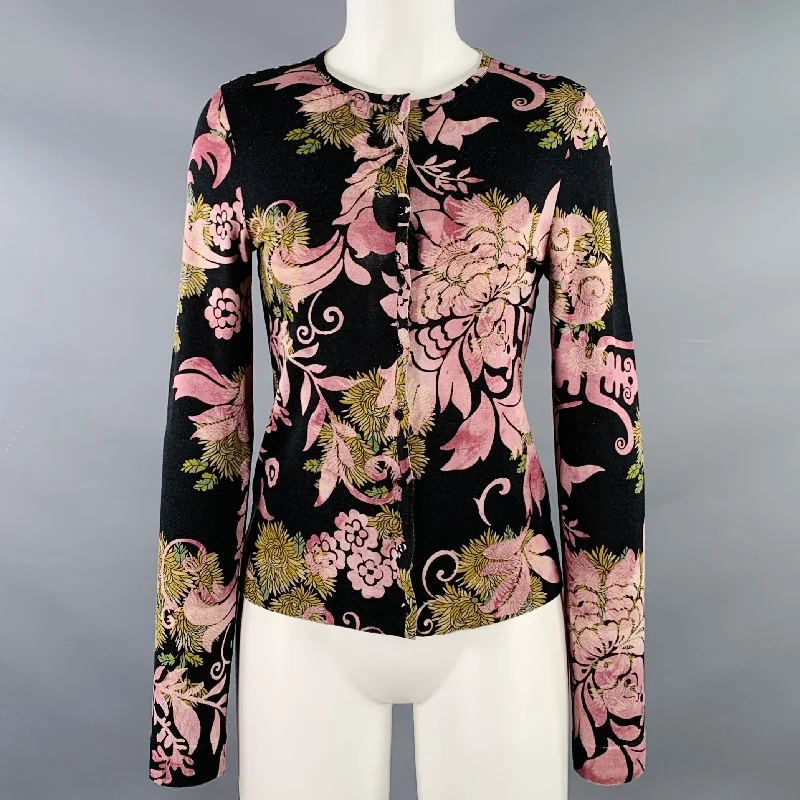 CHRISTIAN DIOR Size 6 Black Purple Wool Blend Abstract Floral Cardigan Stylish Fashionable Trendy CHRISTIAN DIOR Size 6 Black Purple Wool Blend Abstract Floral Cardigan Stylish Fashionable Trendy