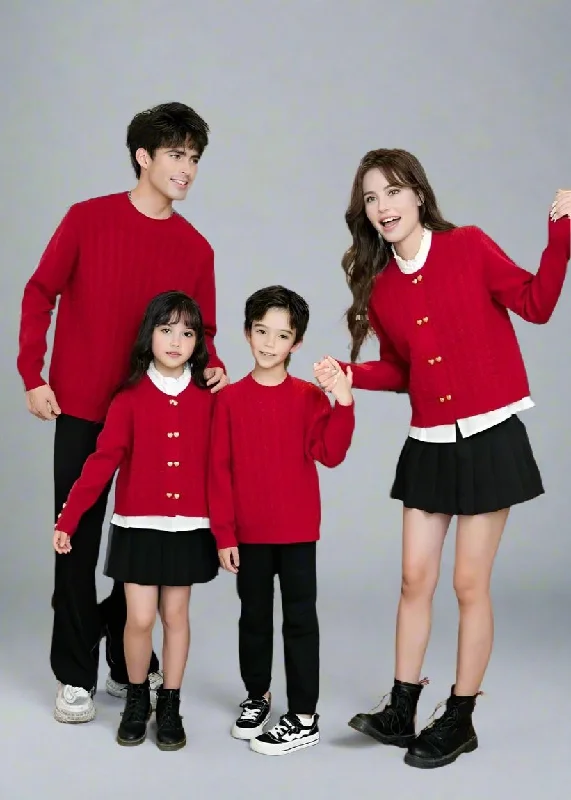 Family Matching Red Cable Knit Cardigans – Elegant Heart-Button Design Stylish Fashionable Trendy Family Matching Red Cable Knit Cardigans – Elegant Heart-Button Design Stylish Fashionable Trendy