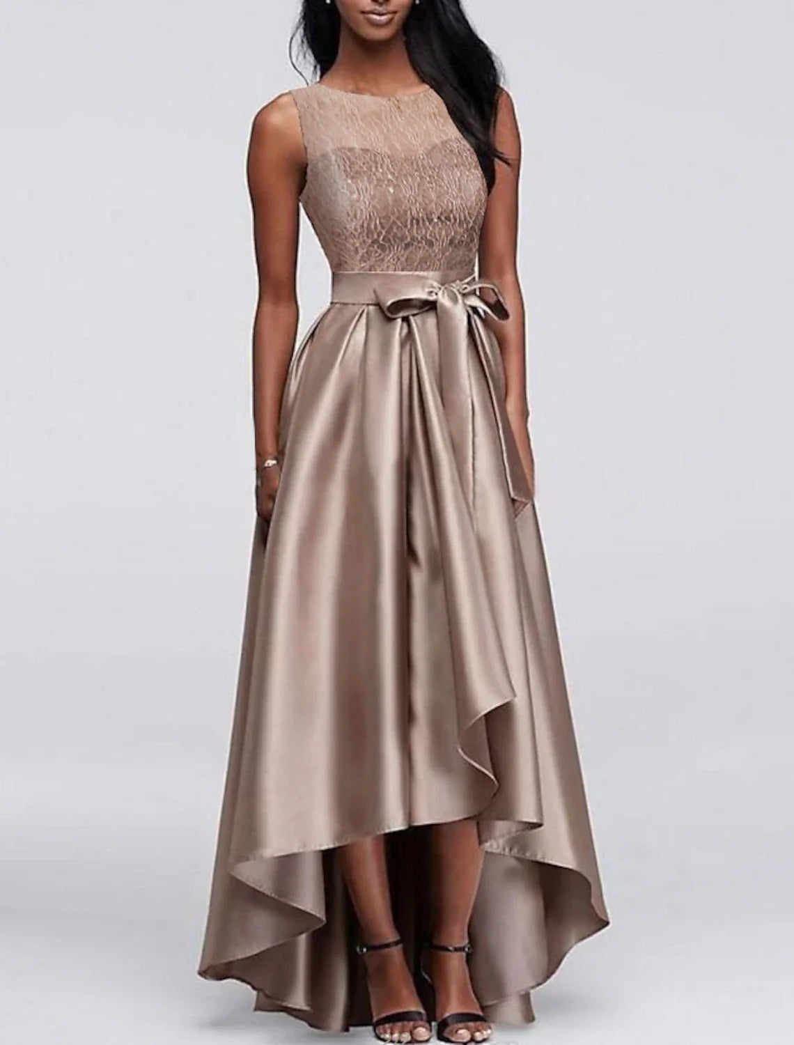 A-Line Mother of the Bride Dress Wedding Guest Elegant High Low Jewel Neck Asymmetrical Satin Sleeveless with Bow(s) A-Line Mother of the Bride Dress Wedding Guest Elegant High Low Jewel Neck Asymmetrical Satin Sleeveless with Bow(s)