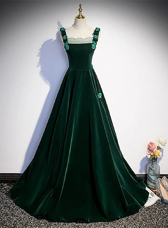 Dark Green Velvet Straps Long Formal Dress with Flowers, Green Evening Dress Prom Dress Dark Green Velvet Straps Long Formal Dress with Flowers, Green Evening Dress Prom Dress