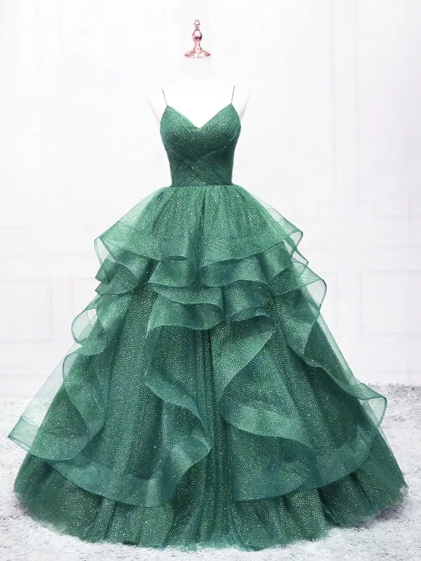Dark Green Tulle Layers Straps V-neckline Prom Dress, Dark Green Tulle Evening Dress Dark Green Tulle Layers Straps V-neckline Prom Dress, Dark Green Tulle Evening Dress
