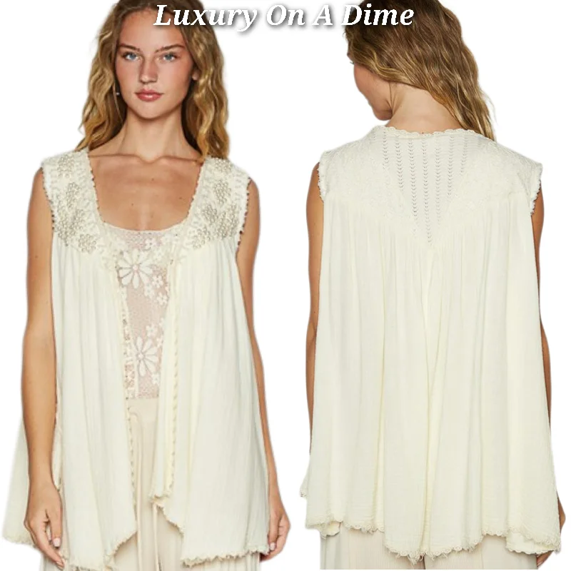 POL Lace Pearl Embroidered Patchwork Boho Vest Gauze Raw Hem Sleeveless Cardigan Cotton Fabric Linen Fabric Terry Fabric POL Lace Pearl Embroidered Patchwork Boho Vest Gauze Raw Hem Sleeveless Cardigan Cotton Fabric Linen Fabric Terry Fabric