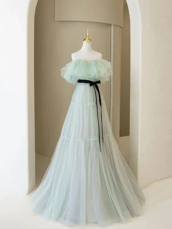 A-line Light Green Tulle Off Shoulder Long Evening Dress, Light Green Sweetheart Prom Dress A-line Light Green Tulle Off Shoulder Long Evening Dress, Light Green Sweetheart Prom Dress