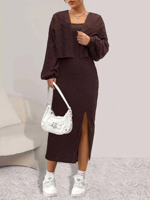 Blue Zone Planet | Open Front Long Sleeve Cardigan and Side Slit Cami Dress Set Neon metallic Matte Blue Zone Planet | Open Front Long Sleeve Cardigan and Side Slit Cami Dress Set Neon metallic Matte