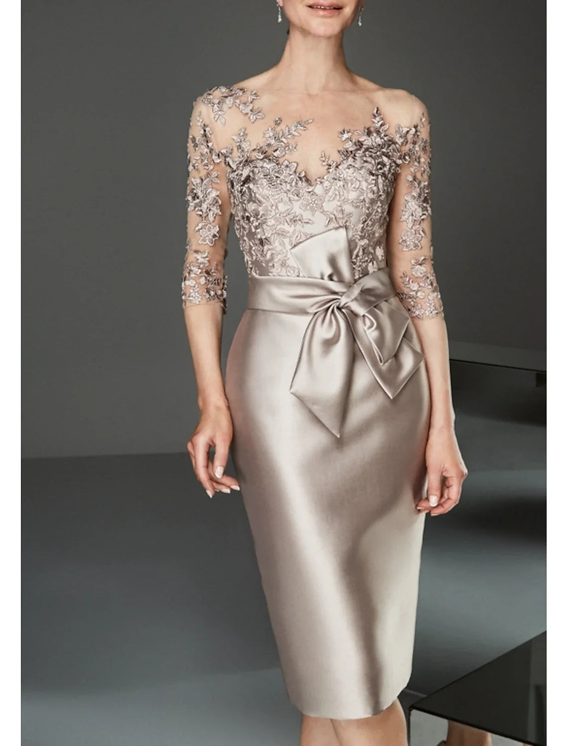Sheath / Column Mother of the Bride Dress Wedding Guest Elegant Plus Size See Through Bateau Neck Knee Length Satin Tulle Half Sleeve with Beading Ruffles Sheath / Column Mother of the Bride Dress Wedding Guest Elegant Plus Size See Through Bateau Neck Knee Length Satin Tulle Half Sleeve with Beading Ruffles