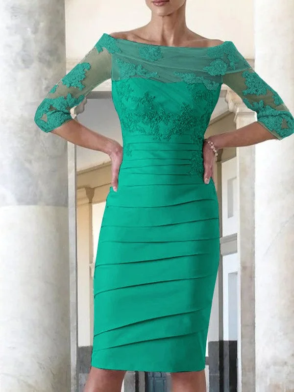 Elegant tight fitting straight tube satin decal 3/4 sleeve knee length bridal Mother of the Bride Dresses Elegant tight fitting straight tube satin decal 3/4 sleeve knee length bridal Mother of the Bride Dresses
