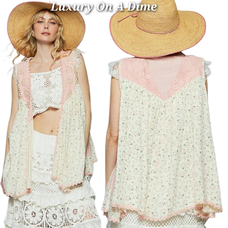 POL Lace Pearl Embroidered Patchwork Boho Vest Gauze Raw Hem Sleeveless Cardigan Pink Floral Nylon Fabric Polyester Fabric Spandex Fabric POL Lace Pearl Embroidered Patchwork Boho Vest Gauze Raw Hem Sleeveless Cardigan Pink Floral Nylon Fabric Polyester Fabric Spandex Fabric