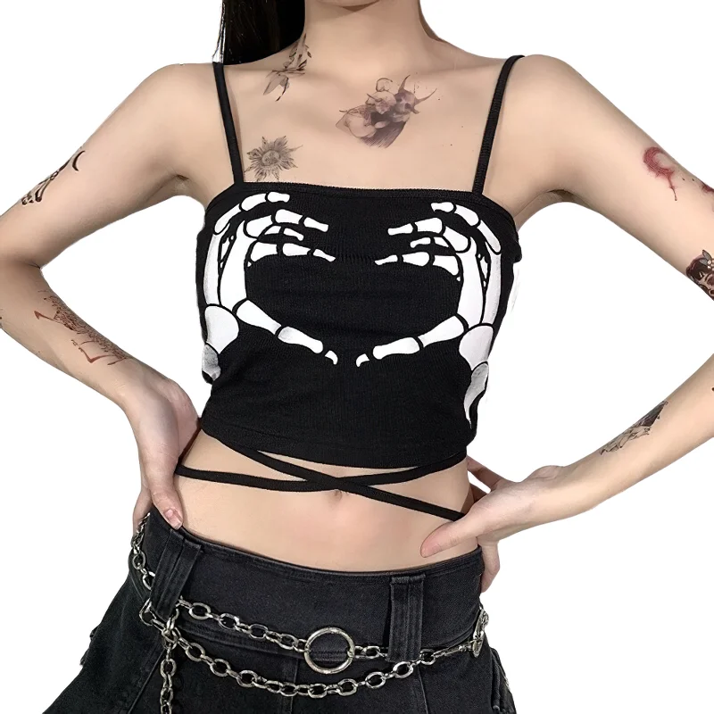 Gothic Tank Top With Skeleton Hands Printed For Women / Casual Rock Style Streetwear adorable tank top Gothic Tank Top With Skeleton Hands Printed For Women / Casual Rock Style Streetwear adorable tank top