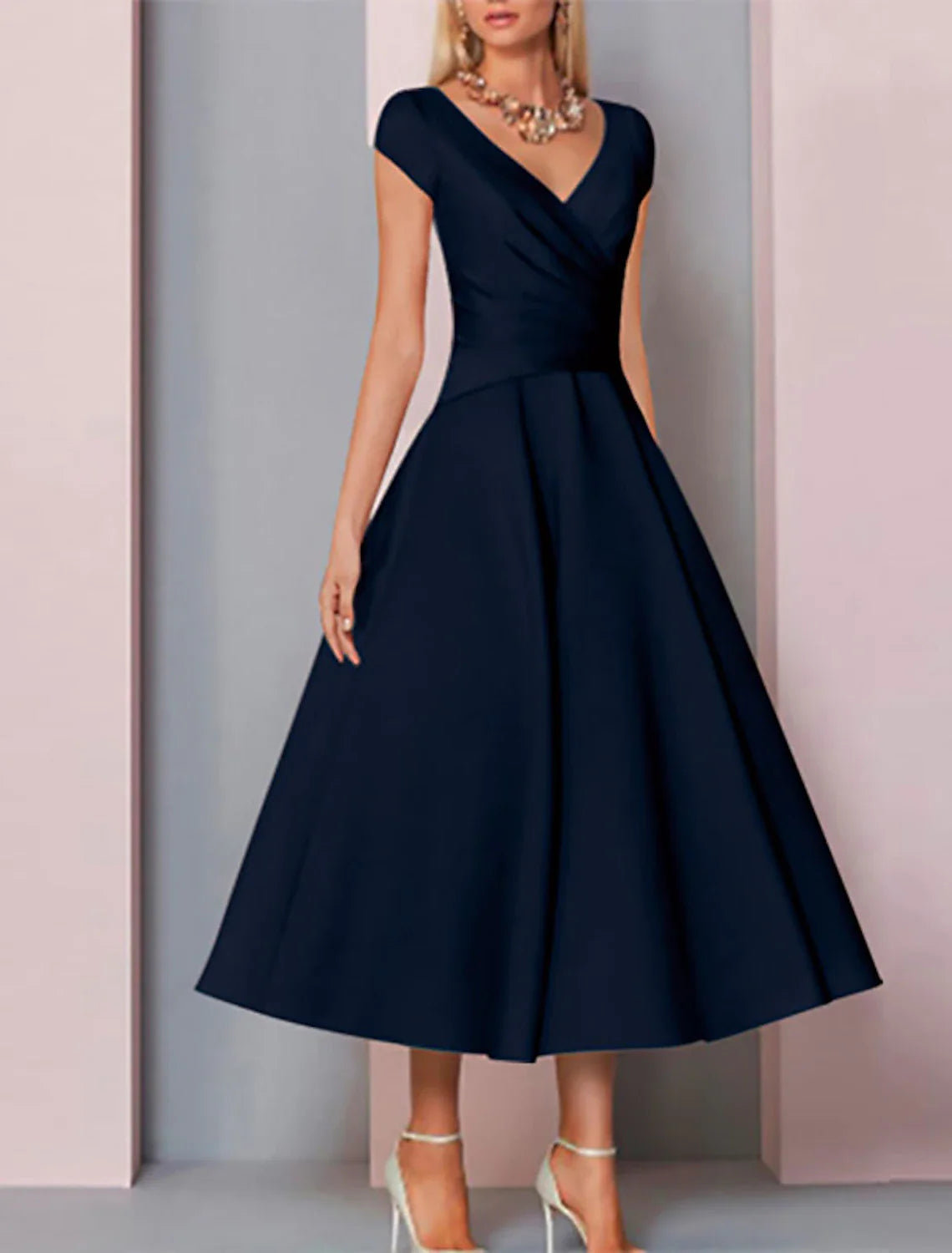 A-Line Mother of the Bride Dress Wedding Guest Elegant V Neck Tea Length Charmeuse Sleeveless with Ruching A-Line Mother of the Bride Dress Wedding Guest Elegant V Neck Tea Length Charmeuse Sleeveless with Ruching