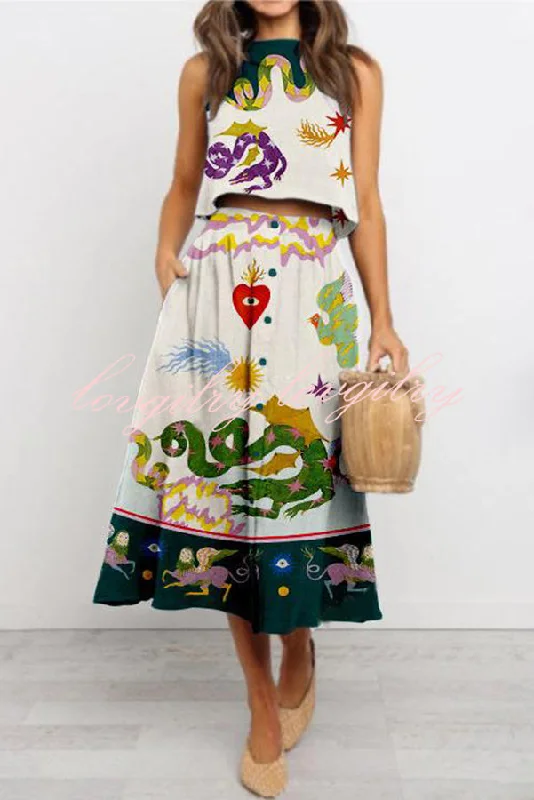 Taniyah Linen Blend Unique Print Tank and Pocketed Button Front Midi Skirt Set bright tank top Taniyah Linen Blend Unique Print Tank and Pocketed Button Front Midi Skirt Set bright tank top