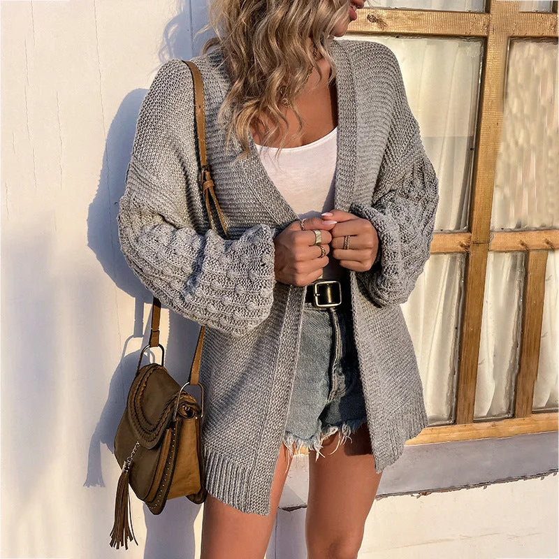 Fashion Lantern Sleeves Knitted Cardigan Coats for Women Hooded Caped Shawl Collar