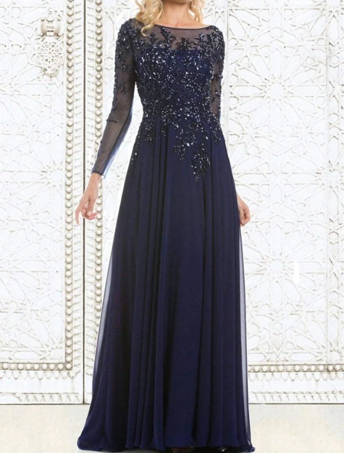 A-Line Mother of the Bride Dress Wedding Guest Elegant Illusion Neck Floor Length Chiffon Lace Long Sleeve with Lace Appliques A-Line Mother of the Bride Dress Wedding Guest Elegant Illusion Neck Floor Length Chiffon Lace Long Sleeve with Lace Appliques