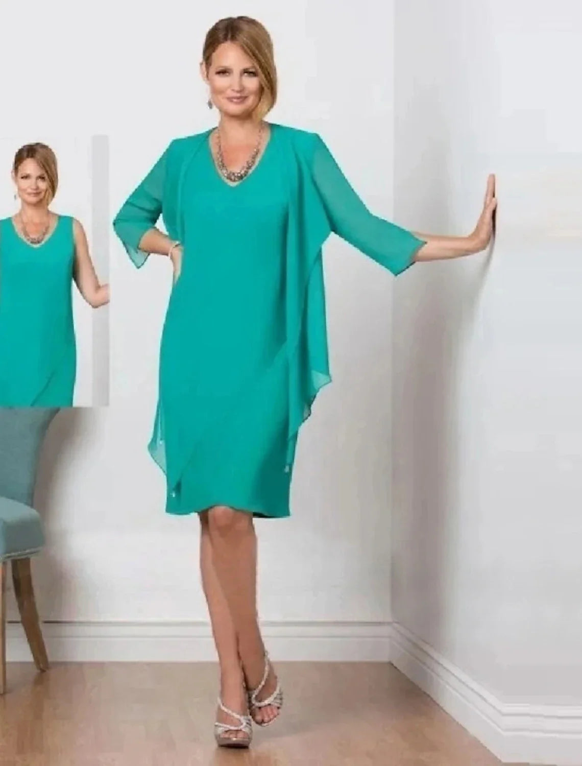 Two Piece Mother of the Bride Dress Wedding Guest Elegant Simple V Neck Knee Length Chiffon 3/4 Length Sleeve with Solid Color Two Piece Mother of the Bride Dress Wedding Guest Elegant Simple V Neck Knee Length Chiffon 3/4 Length Sleeve with Solid Color
