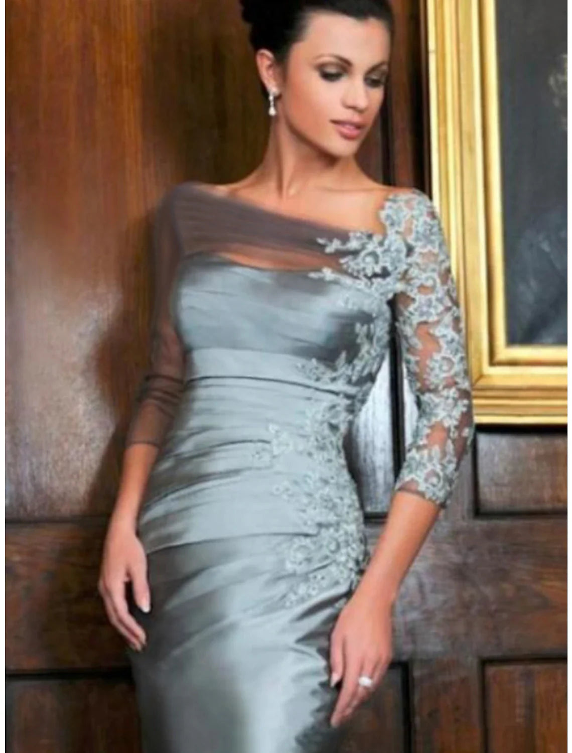 Sheath / Column Mother of the Bride Dress Wedding Guest Elegant See Through Bateau Neck Knee Length Taffeta 3/4 Length Sleeve with Beading Appliques Ruching Sheath / Column Mother of the Bride Dress Wedding Guest Elegant See Through Bateau Neck Knee Length Taffeta 3/4 Length Sleeve with Beading Appliques Ruching
