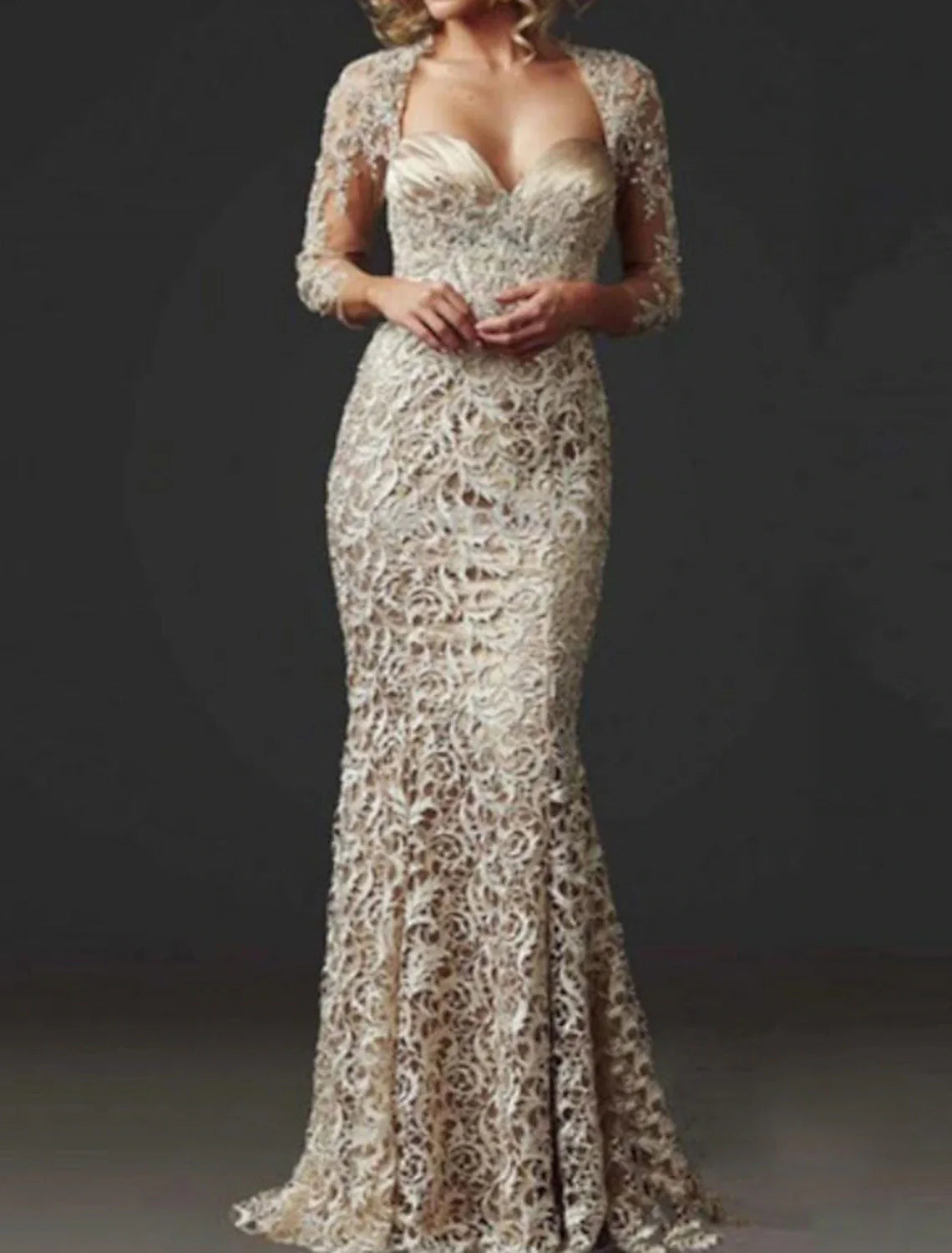 Mermaid / Trumpet Mother of the Bride Dress Wedding Guest Elegant Sweetheart Floor Length Lace 3/4 Length Sleeve with Lace Mermaid / Trumpet Mother of the Bride Dress Wedding Guest Elegant Sweetheart Floor Length Lace 3/4 Length Sleeve with Lace