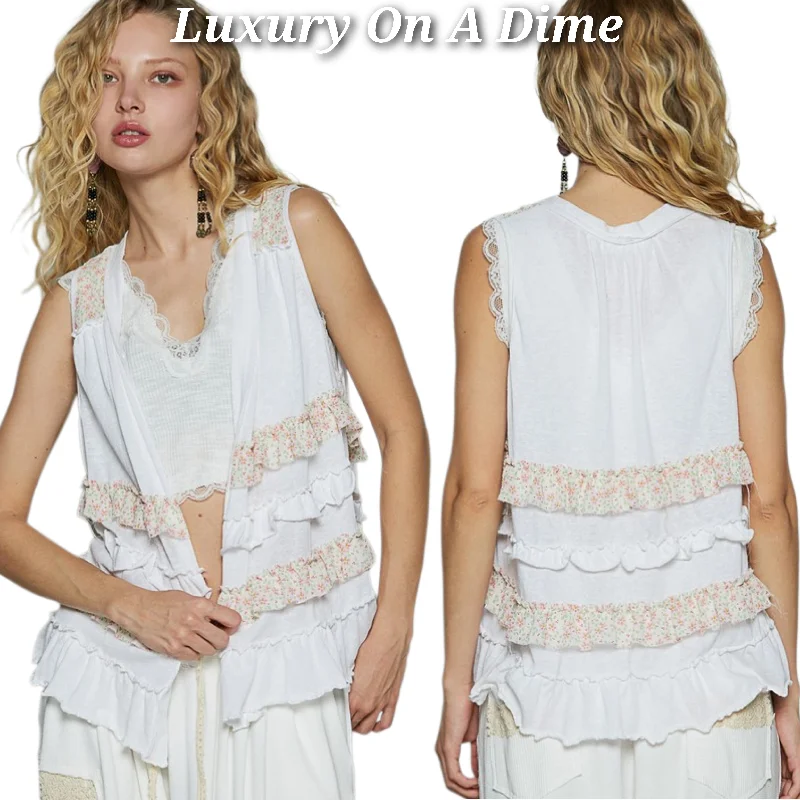POL Ruffle Patchwork Retro Floral Boho Vest Hippie Raw Seam Sleeveless Cardigan White Wool Fabric Cashmere Fabric Tweed Fabric POL Ruffle Patchwork Retro Floral Boho Vest Hippie Raw Seam Sleeveless Cardigan White Wool Fabric Cashmere Fabric Tweed Fabric