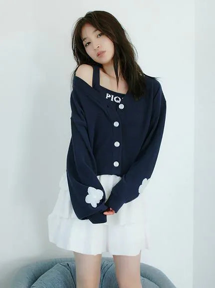 Airy Moco Flower Logo Jacquard Cropped Cardigan Layered Multi-layer Single Layer