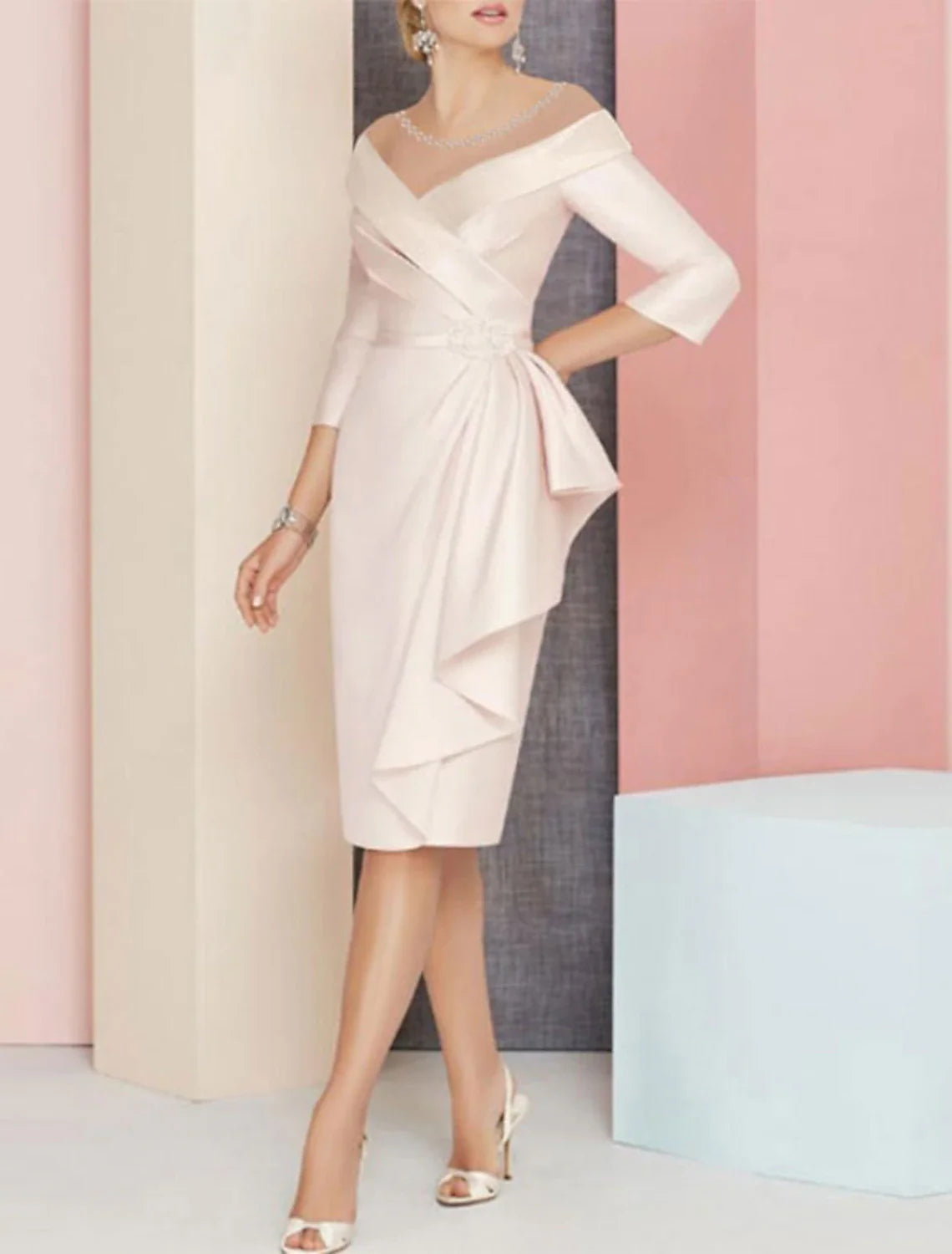 Sheath / Column Mother of the Bride Dress Wedding Guest Elegant Vintage Plus Size V Neck Knee Length Satin 3/4 Length Sleeve with Sash / Ribbon Ruching Sheath / Column Mother of the Bride Dress Wedding Guest Elegant Vintage Plus Size V Neck Knee Length Satin 3/4 Length Sleeve with Sash / Ribbon Ruching
