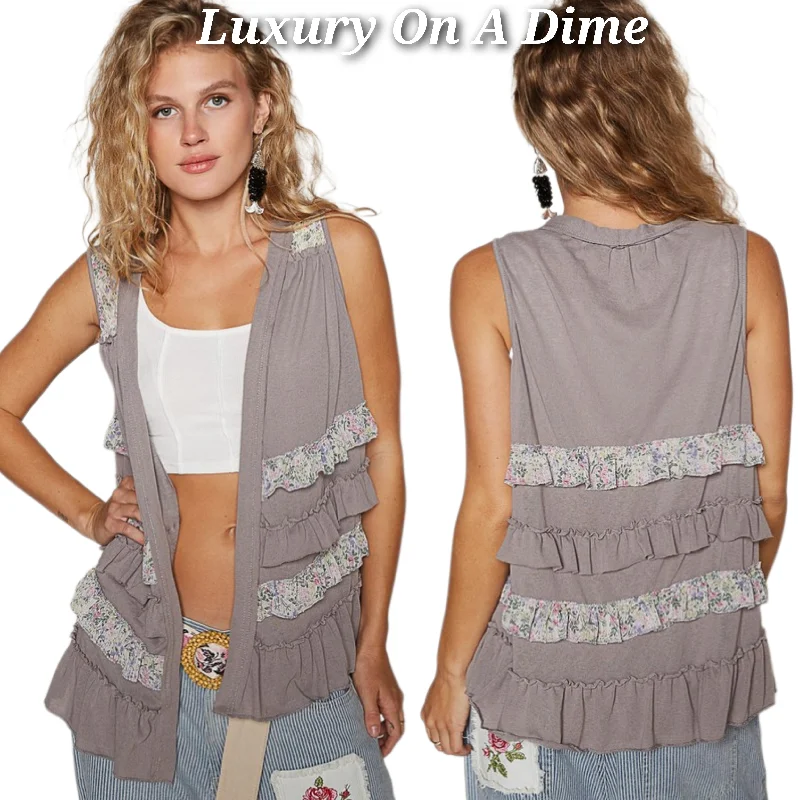 POL Ruffle Patchwork Retro Floral Boho Vest Hippie Raw Seam Sleeveless Cardigan Gray Faux Fur Fabric Real Fur Fabric Shearling Fabric POL Ruffle Patchwork Retro Floral Boho Vest Hippie Raw Seam Sleeveless Cardigan Gray Faux Fur Fabric Real Fur Fabric Shearling Fabric