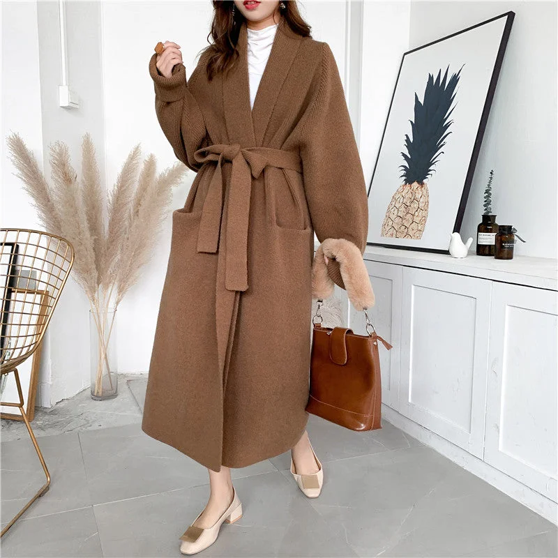 Women Romper Style Knitted Woolen Cardigan Overcoat Solid Print Embellished