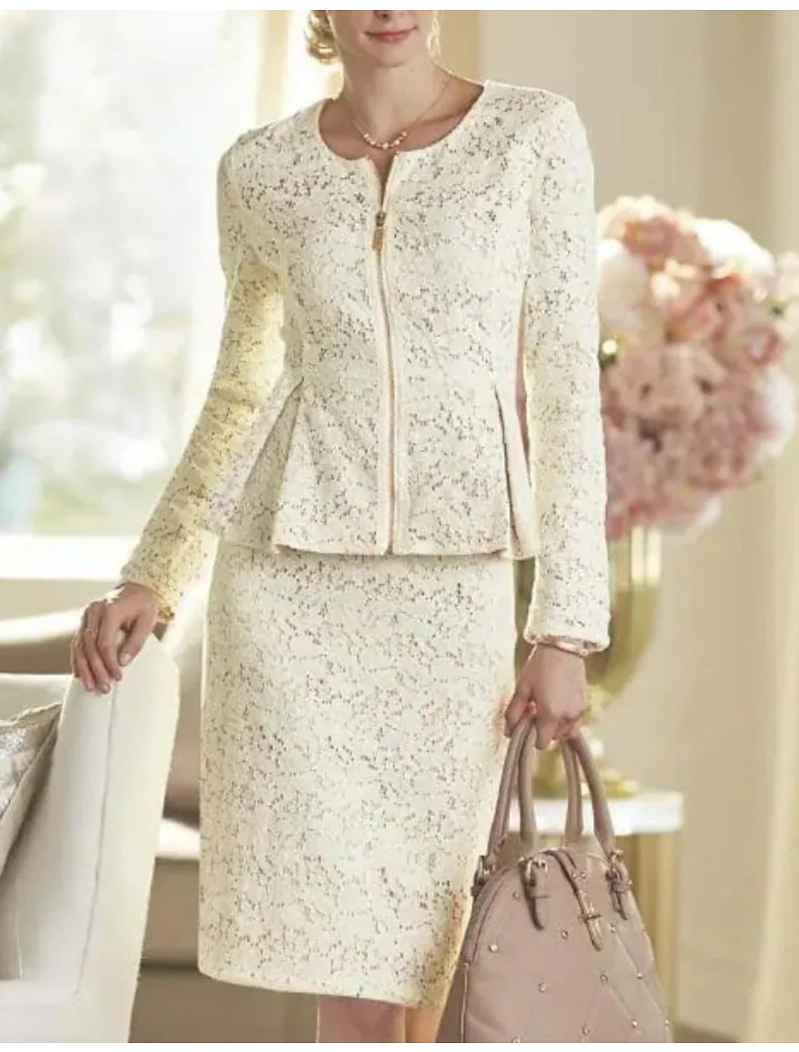 Two Piece Sheath / Column Mother of the Bride Dress Wedding Guest Elegant Party Scoop Neck Knee Length Lace Long Sleeve Wrap Included with Solid Color Two Piece Sheath / Column Mother of the Bride Dress Wedding Guest Elegant Party Scoop Neck Knee Length Lace Long Sleeve Wrap Included with Solid Color