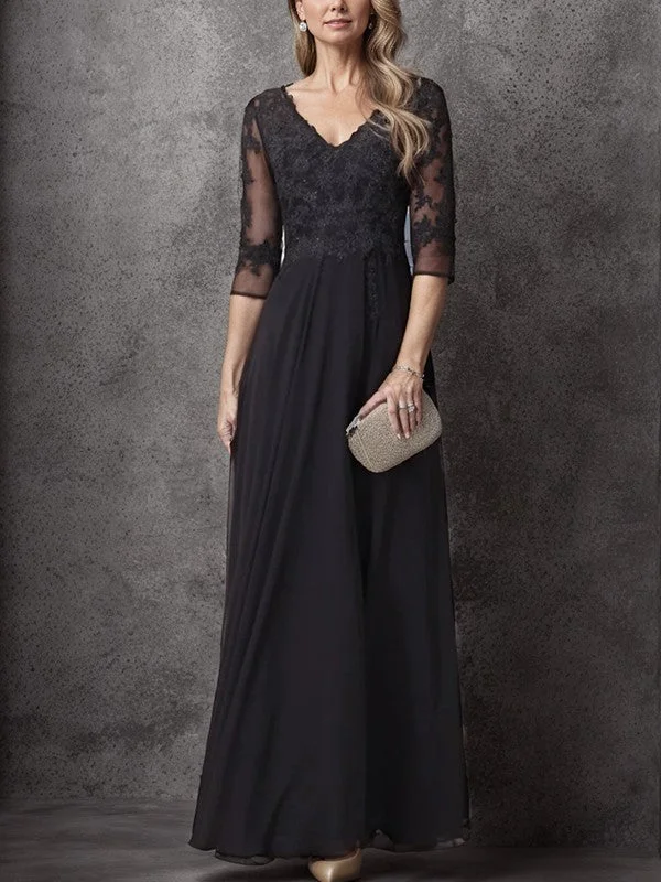 Elegant A-shaped zippered ruffled V-neck 3/4 sleeve chiffon and floor length bridal dress Mother of the Bride Dresses Elegant A-shaped zippered ruffled V-neck 3/4 sleeve chiffon and floor length bridal dress Mother of the Bride Dresses