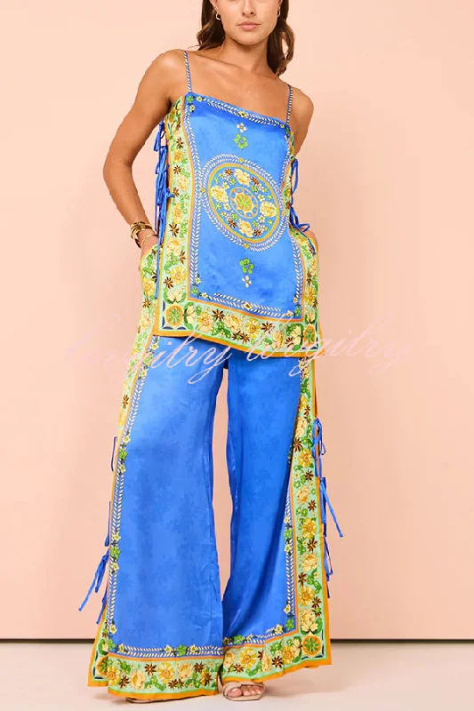 Nara Satin Unique Print Side Lace-up Tank and Elastic Waist Pocketed Wide Leg Pants Set vibrant tank top Nara Satin Unique Print Side Lace-up Tank and Elastic Waist Pocketed Wide Leg Pants Set vibrant tank top