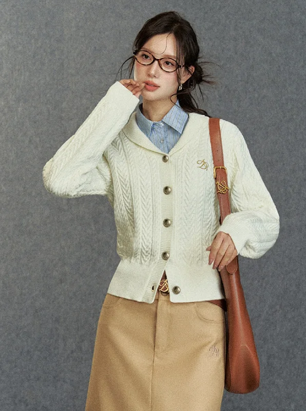 Cozy Cable Knit Cardigan: Classic V-Neck Button-Up Sweater with Embroidered Logo Stretchy Elastic Breathable Cozy Cable Knit Cardigan: Classic V-Neck Button-Up Sweater with Embroidered Logo Stretchy Elastic Breathable