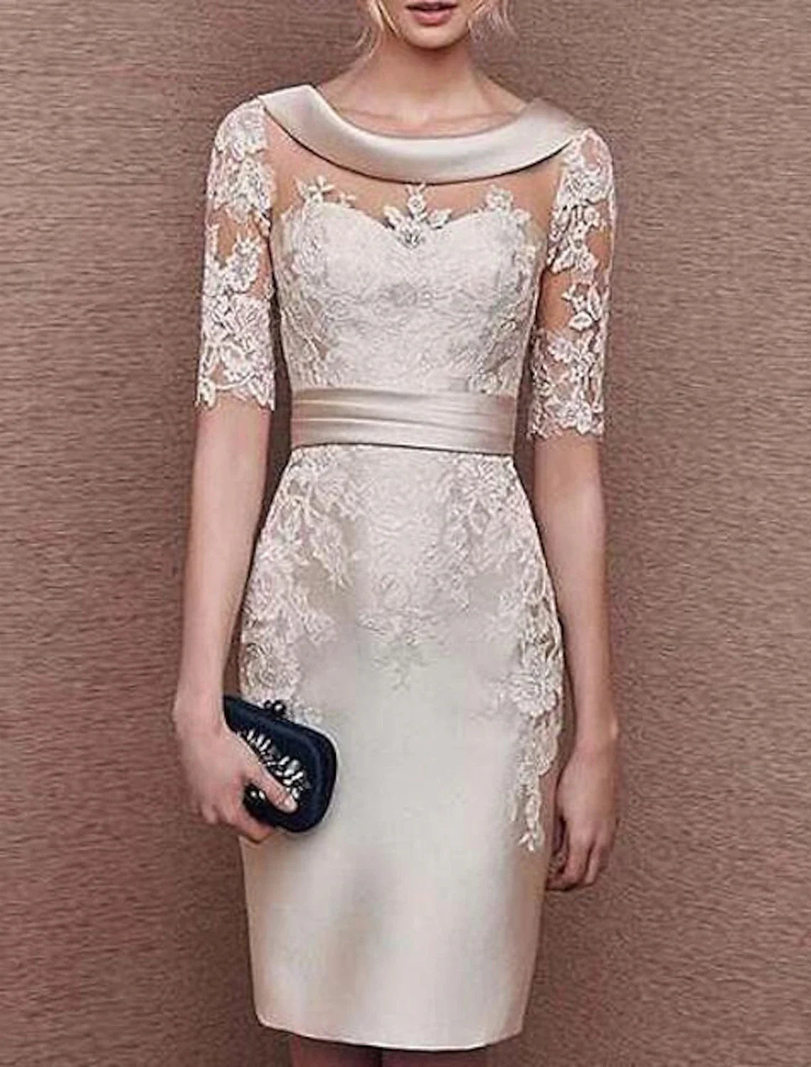 Sheath / Column Mother of the Bride Dress Wedding Guest Elegant Vintage Jewel Neck Knee Length Satin Lace Short Sleeve with Appliques Sheath / Column Mother of the Bride Dress Wedding Guest Elegant Vintage Jewel Neck Knee Length Satin Lace Short Sleeve with Appliques