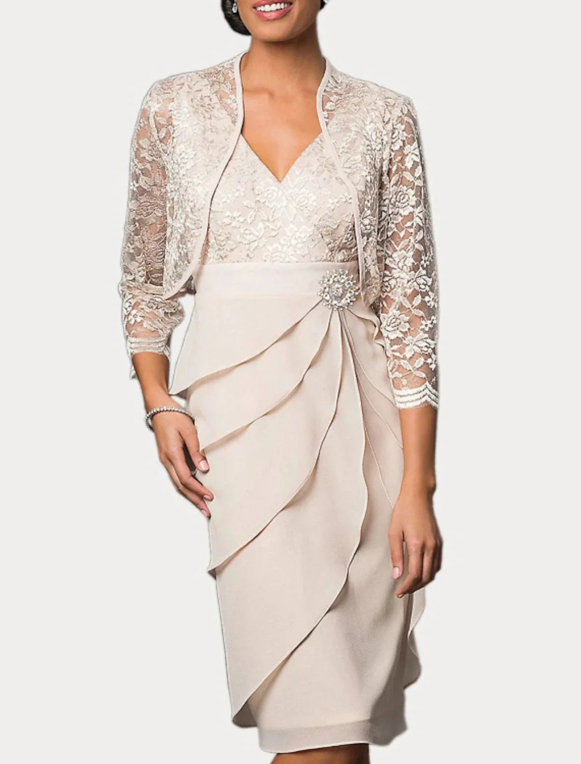 Two Piece Sheath / Column Mother of the Bride Dress Wedding Guest Church Elegant V Neck Knee Length Chiffon Lace 3/4 Length Sleeve Wrap Included with Embroidery Cascading Ruffles Two Piece Sheath / Column Mother of the Bride Dress Wedding Guest Church Elegant V Neck Knee Length Chiffon Lace 3/4 Length Sleeve Wrap Included with Embroidery Cascading Ruffles