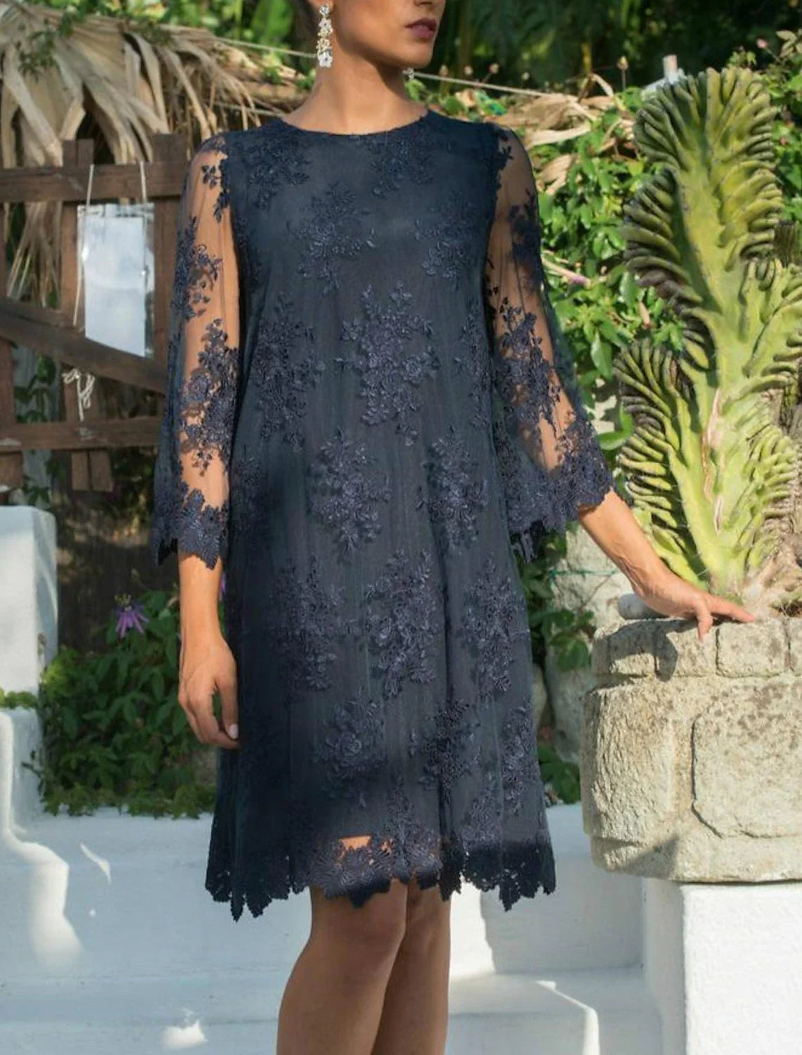 Sheath / Column Mother of the Bride Dress Wedding Guest Elegant Jewel Neck Short / Mini Lace Tulle 3/4 Length Sleeve with Appliques Sheath / Column Mother of the Bride Dress Wedding Guest Elegant Jewel Neck Short / Mini Lace Tulle 3/4 Length Sleeve with Appliques